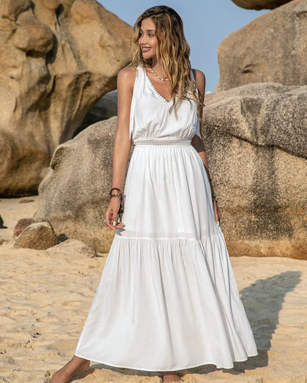 V-Neck Tie Shoulder Crochet Maxi Dress White