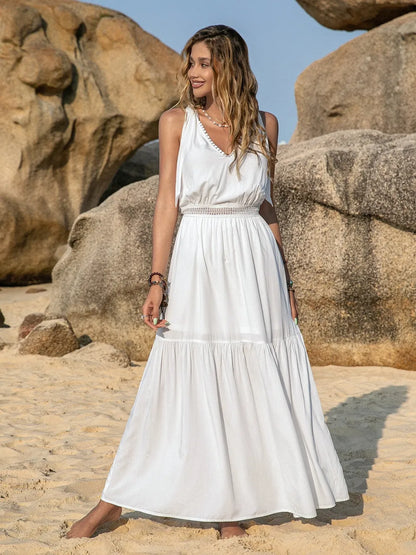 V-Neck Tie Shoulder Crochet Maxi Dress White