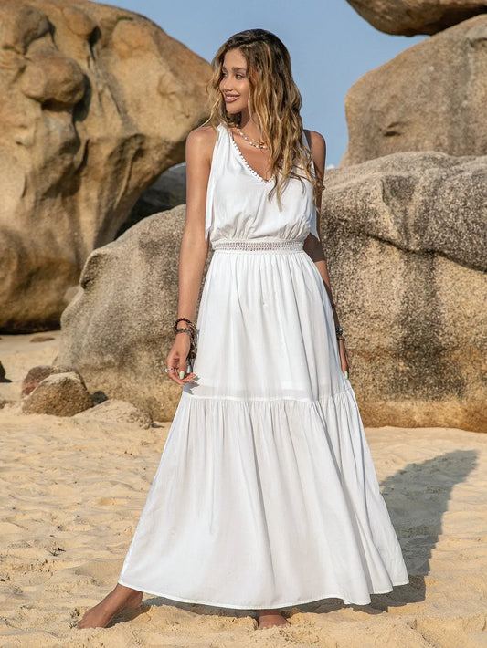 V-Neck Tie Shoulder Crochet Maxi Dress White