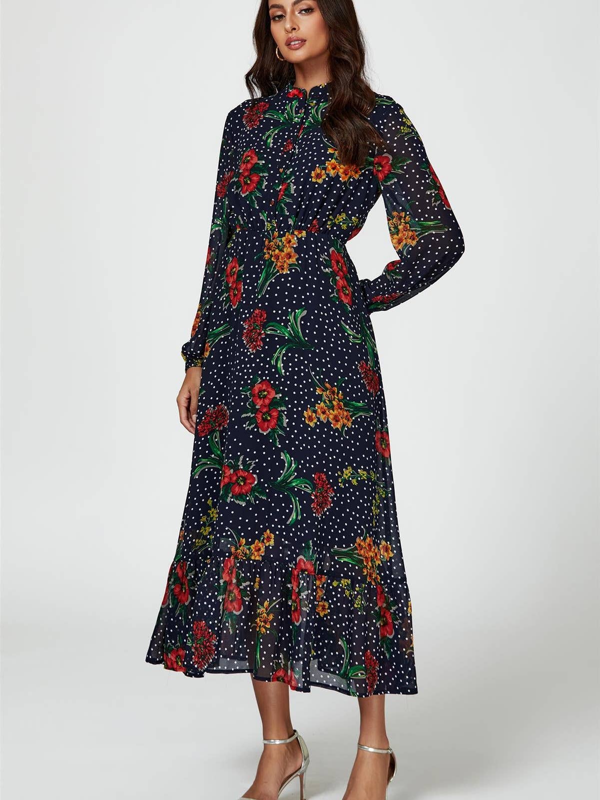 Floral Dot Print Maxi Dress in Navy