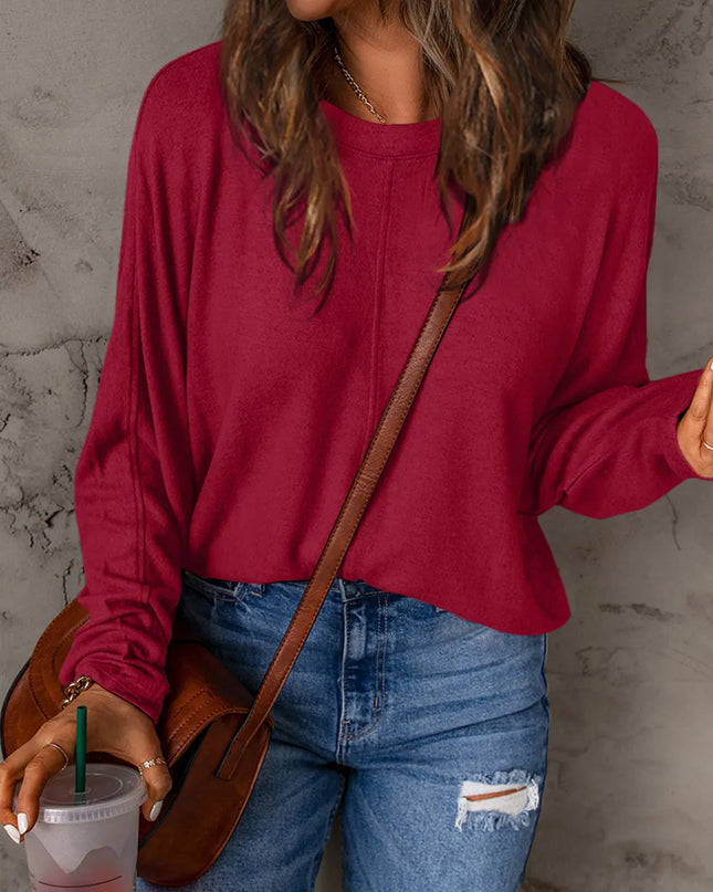 Double Take Full Size Round Neck Long Sleeve T-Shirt Deep Red