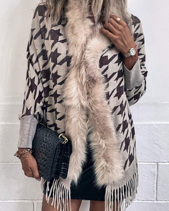 Houndstooth Fringe Hem Poncho Beige One Size