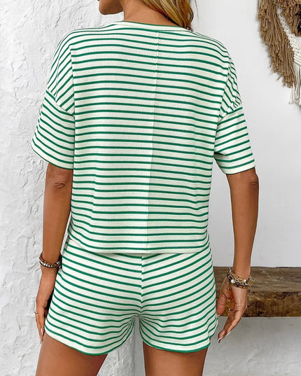 Striped Round Neck Short Sleeve Top and Shorts Set