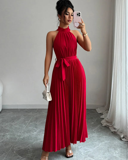 Pleated Halter Neck Tie Waist Maxi Dress
