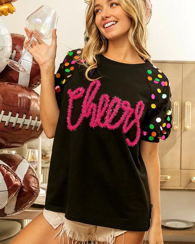 BiBi Metallic Letter Spangle Raglan Puff Sleeve Top