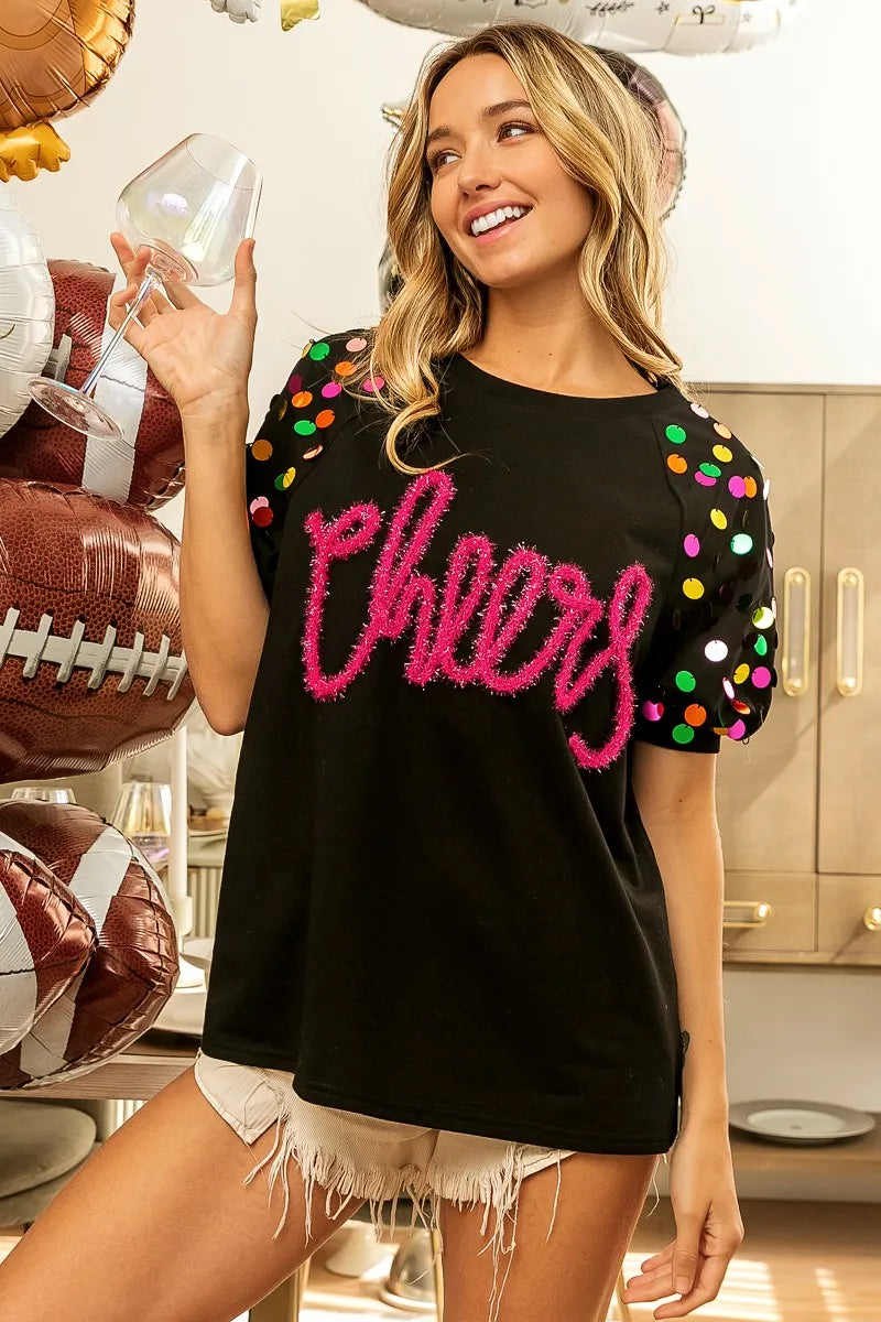 BiBi Metallic Letter Spangle Raglan Puff Sleeve Top