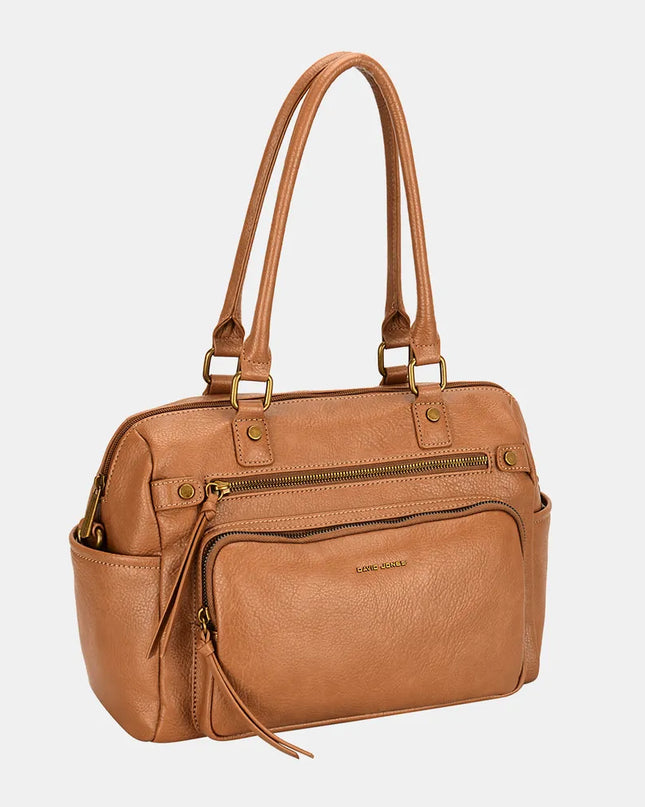 David Jones Zipper PU Leather Handbag Cognac One Size