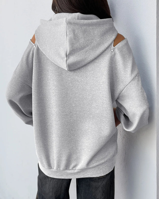 Drawstring Zip Detail Cold Shoulder Hoodie
