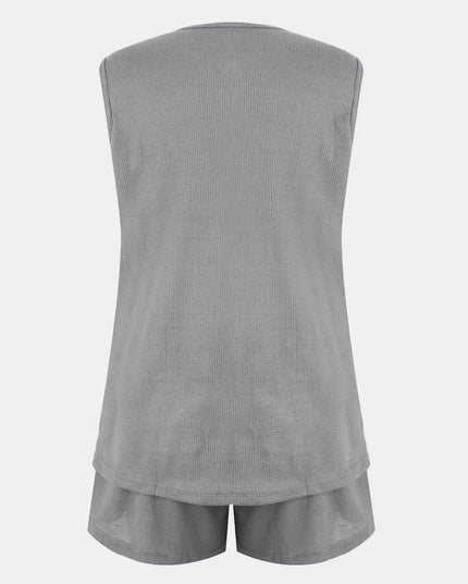 Full Size Waffle-Knit Notched Top and Shorts Set