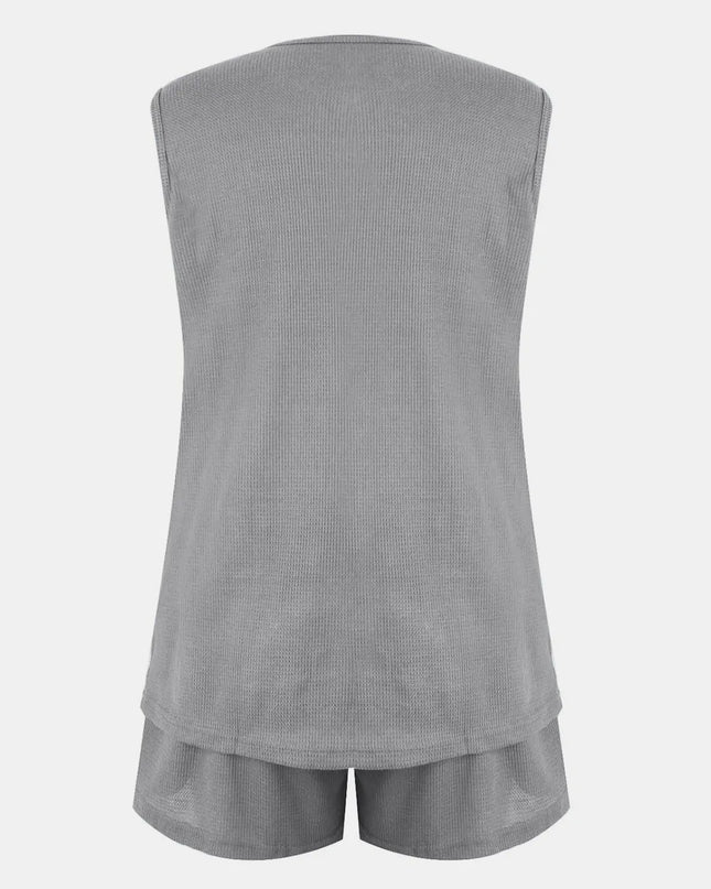 Full Size Waffle-Knit Notched Top and Shorts Set