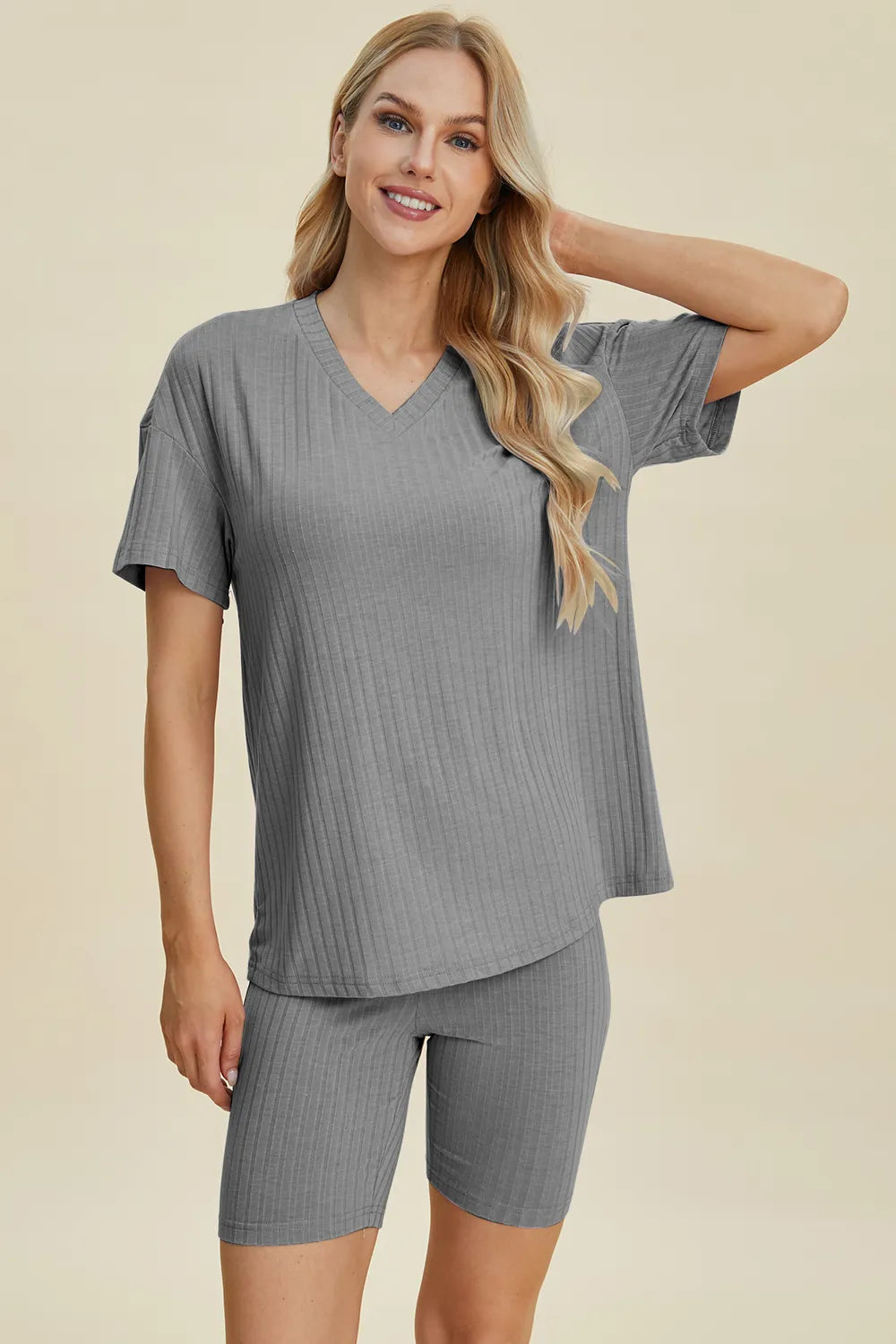 Basic Bae Full Size Ribbed V-Neck Short Sleeve Top and Shorts Set Gray