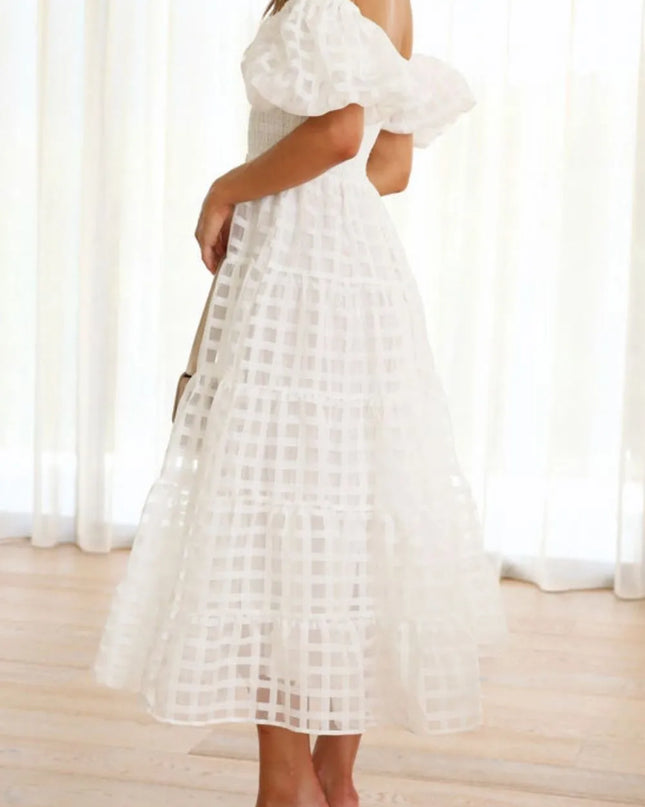 Off Shoulder Short Puff Sleeve Midi Dress