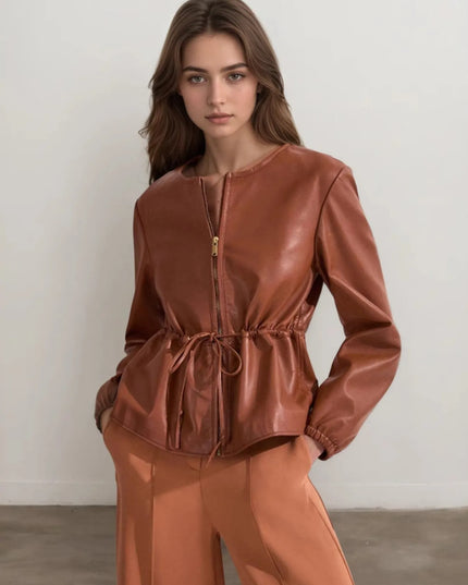 Drawstring Zip Up Leather Jacket Brown