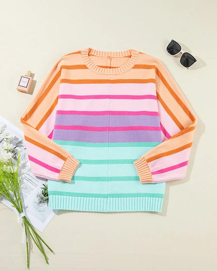 Contrast Striped Round Neck Long Sleeve Knit Top