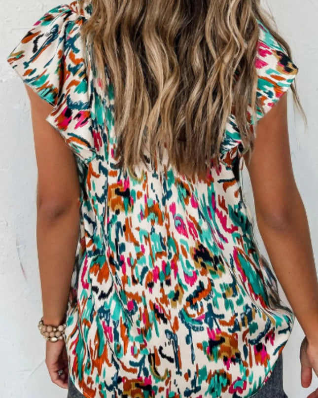 Abstract Print Ruffle Sleeve Blouse