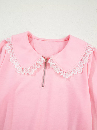 Peter Pan Lace Embellished Neck Sweatshirt and Skirt Two Piece Set