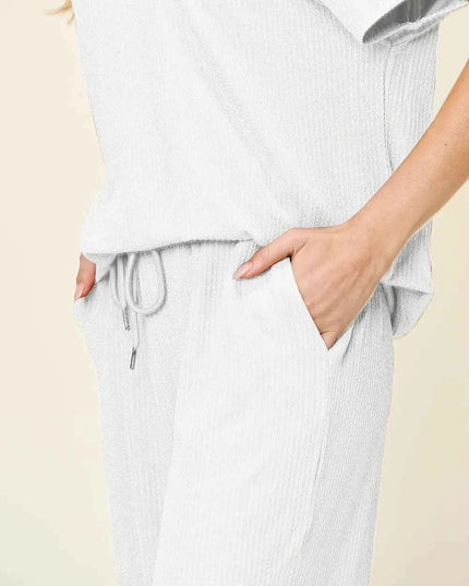 Double Take Full Size Texture Round Neck Short Sleeve T-Shirt and Wide Leg Pants