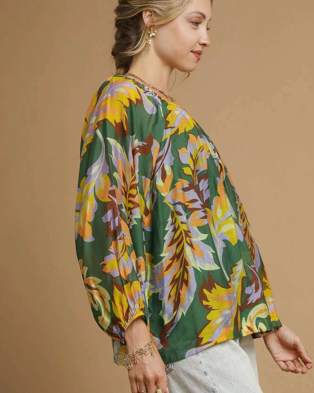 Umgee Mix Abstract Print Balloon Sleeve Blouse