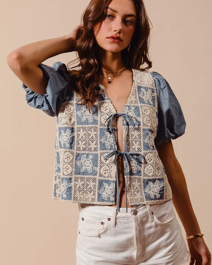 SO ME Crochet Lace Tie Front V Neck Blouse Top