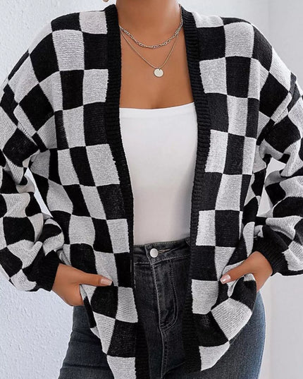 Checkerboard Pattern Open Front Knit Cardigan
