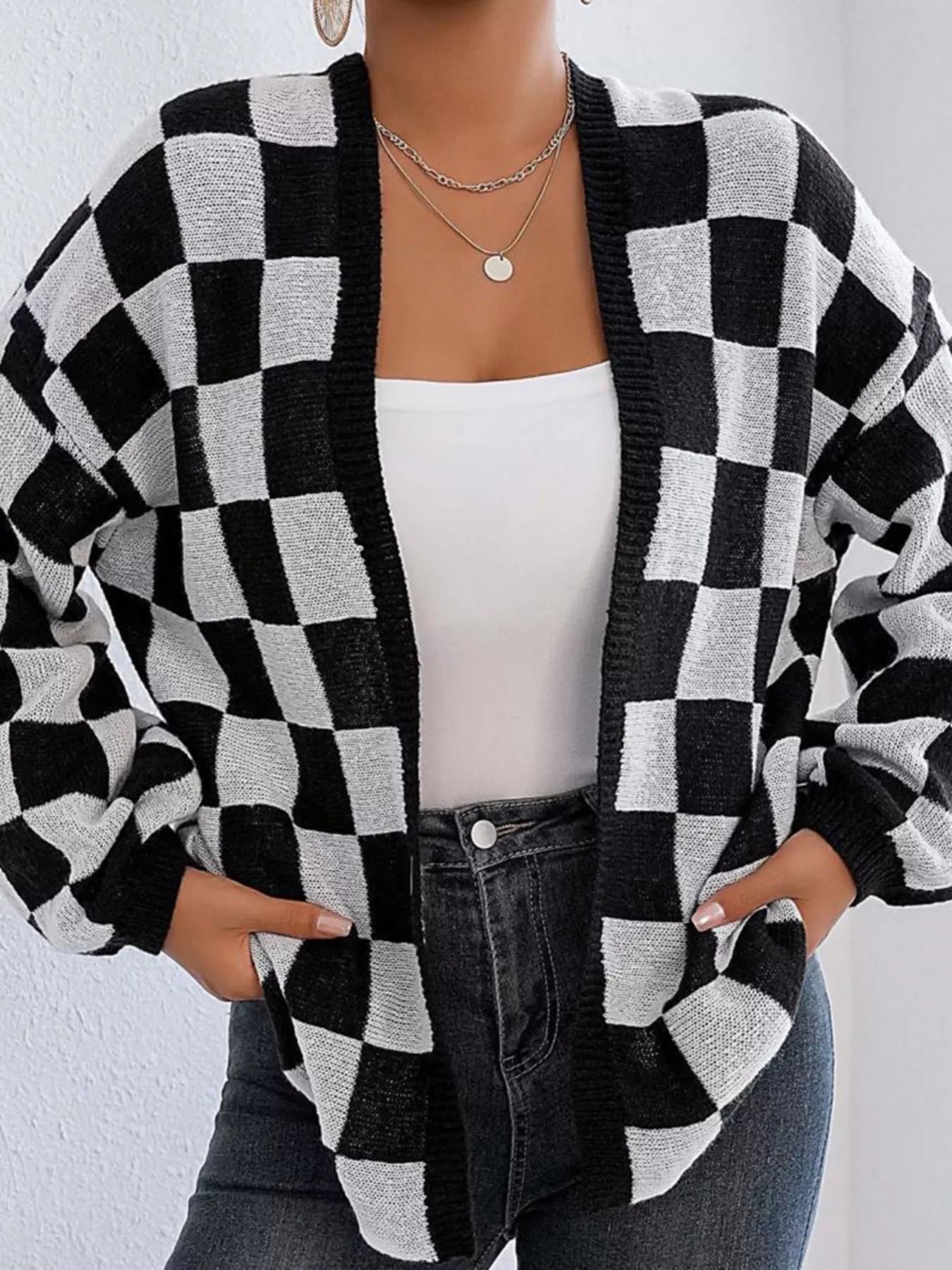 Checkerboard Pattern Open Front Knit Cardigan