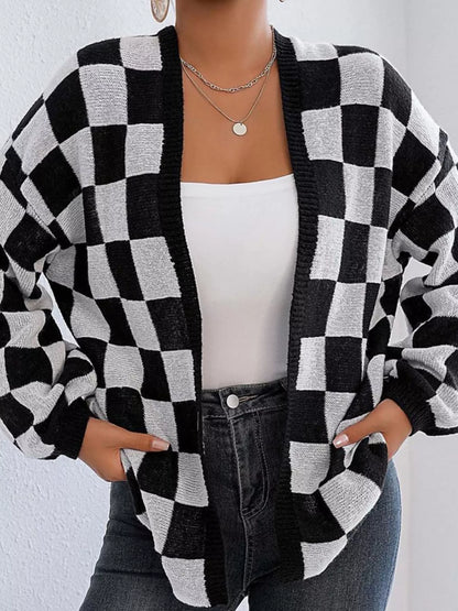 Checkerboard Pattern Open Front Knit Cardigan