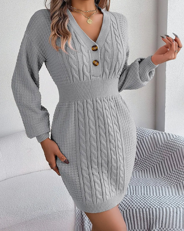 Buttoned Cable-Knit V-Neck Sweater Dress Charcoal
