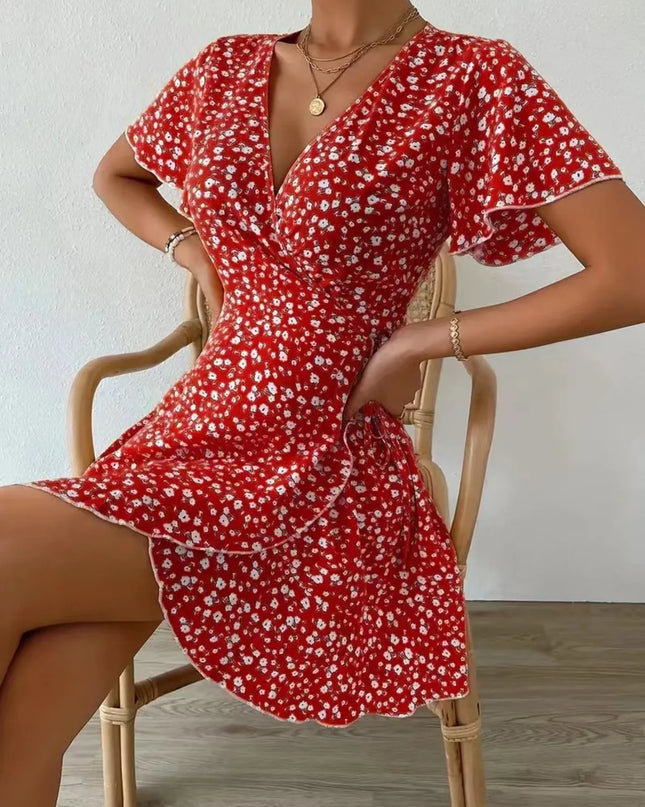 Floral Flutter Sleeve Wrap Mini Dress