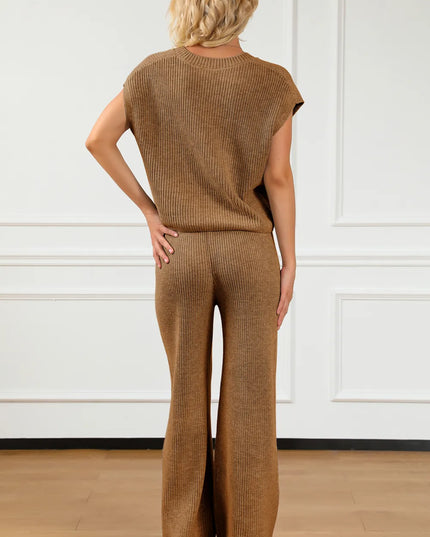 Pocketed V-Neck Top and Wide Leg Sweater Set