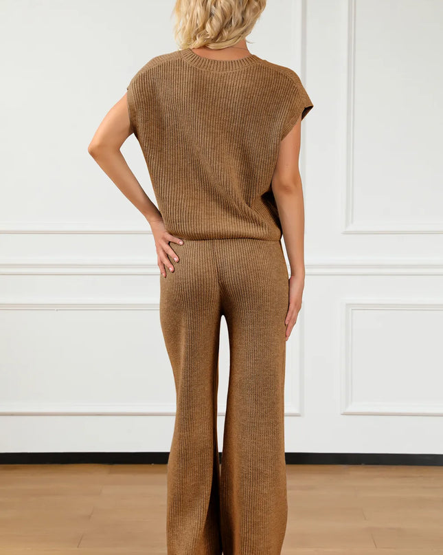 Pocketed V-Neck Top and Wide Leg Sweater Set