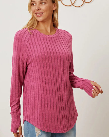 Basic Bae Full Size Ribbed Thumbhole Sleeve T-Shirt Hot Pink
