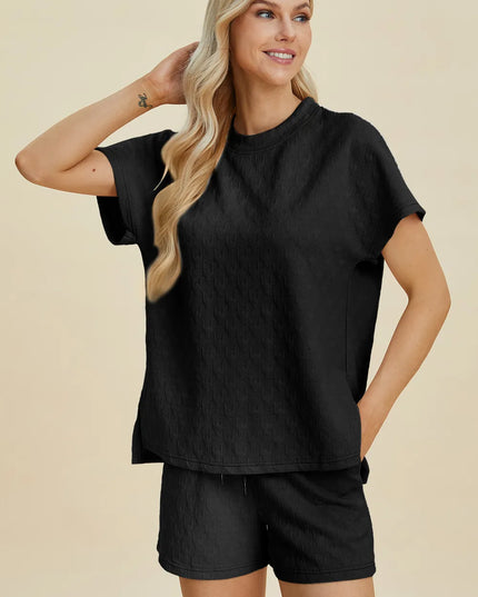 Double Take Full Size Texture Round Neck Short Sleeve Top and Shorts Set