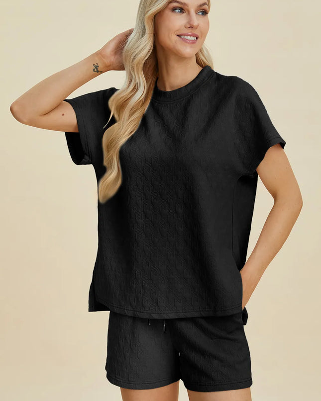 Double Take Full Size Texture Round Neck Short Sleeve Top and Shorts Set