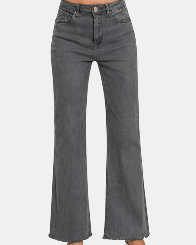 Zenana Acid Washed Frayed Hem Bootcut Jeans Dark Gray