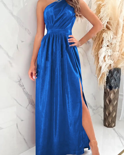 One Shoulder Slit Ruched Maxi Dress Royal Blue