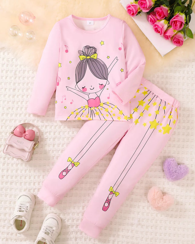 Children's Graphic Long Sleeve Top and Pants Set Pink