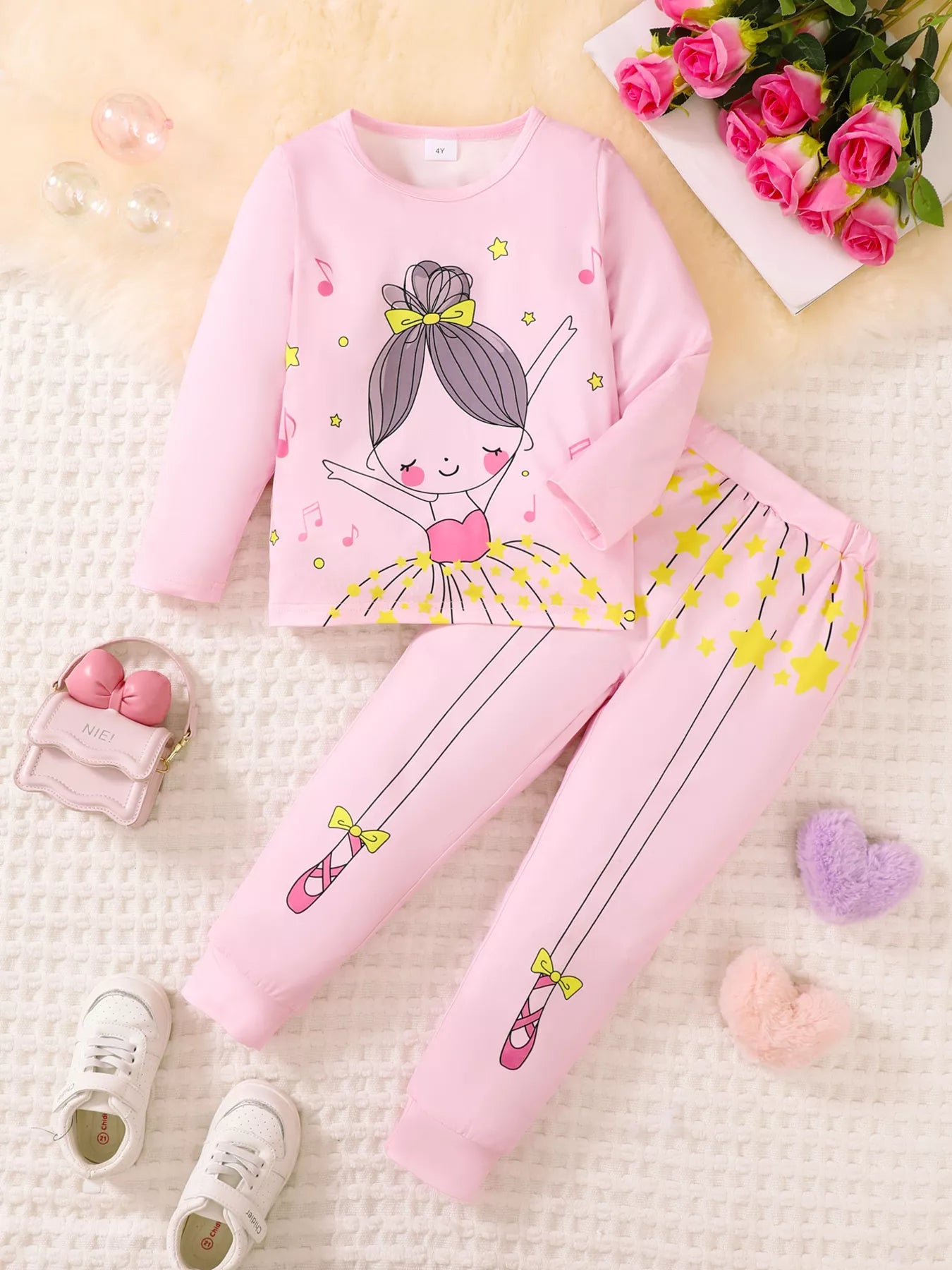 Children's Graphic Long Sleeve Top and Pants Set Pink