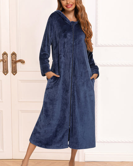 Zip Front Hooded Night Dress with Pockets Navy
