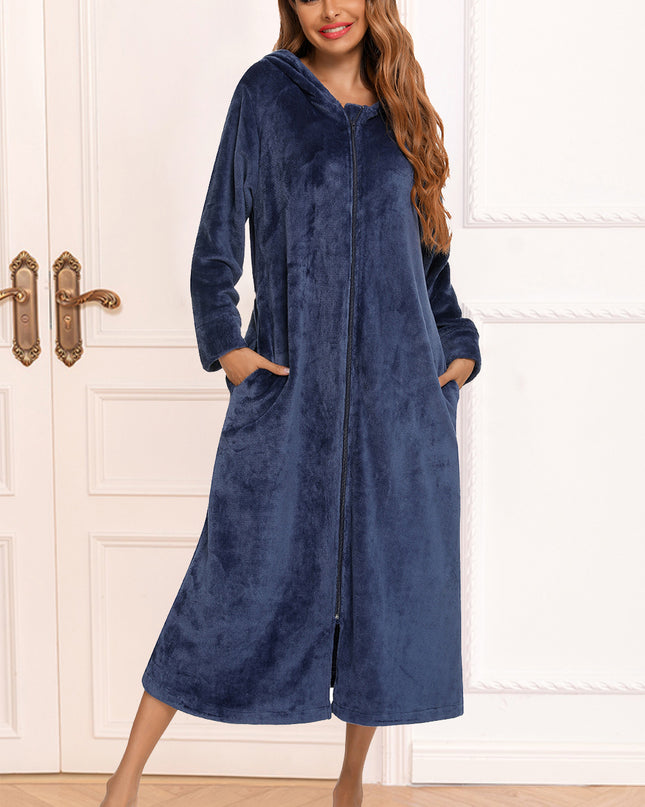 Zip Front Hooded Night Dress with Pockets Navy