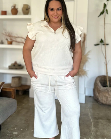 Double Take Full Size Texture Ruffle Short Sleeve Top and Wide Leg Pants Set