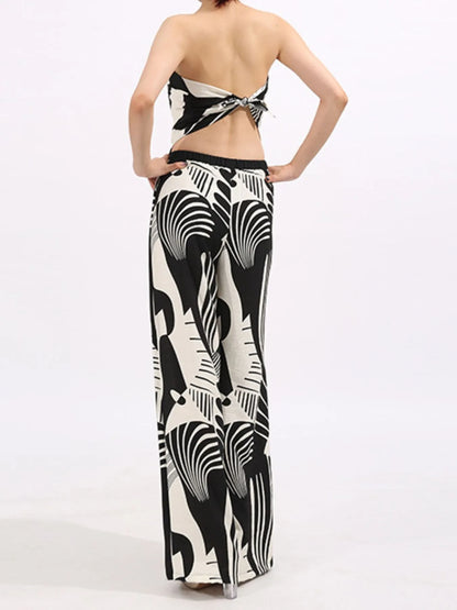 Abstract Print Tube Top and Wide Leg Pants Two-Piece Set