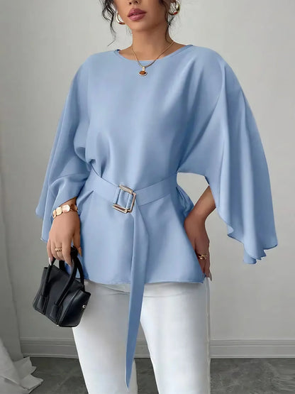 Belted Round Neck Flutter Sleeves Blouse Light Blue
