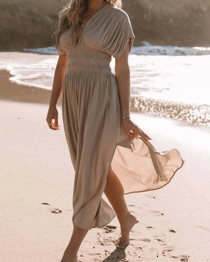 Full Size Deep V-Neck Maxi Dress with Side Slit Plus Size Apricot