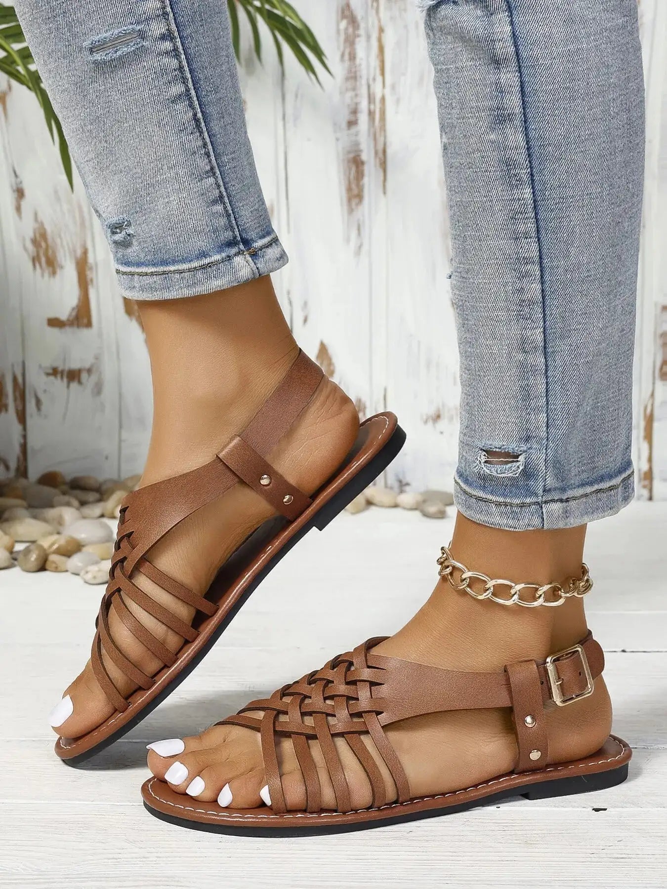 Woven Strappy Flat Sandals 