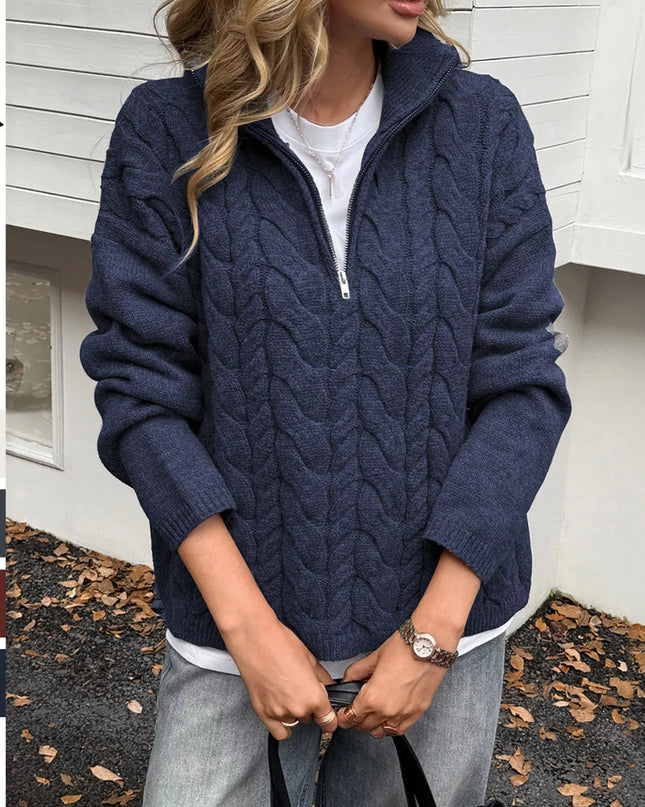 Zip Collar Cable-Knit Sweater Dark Blue