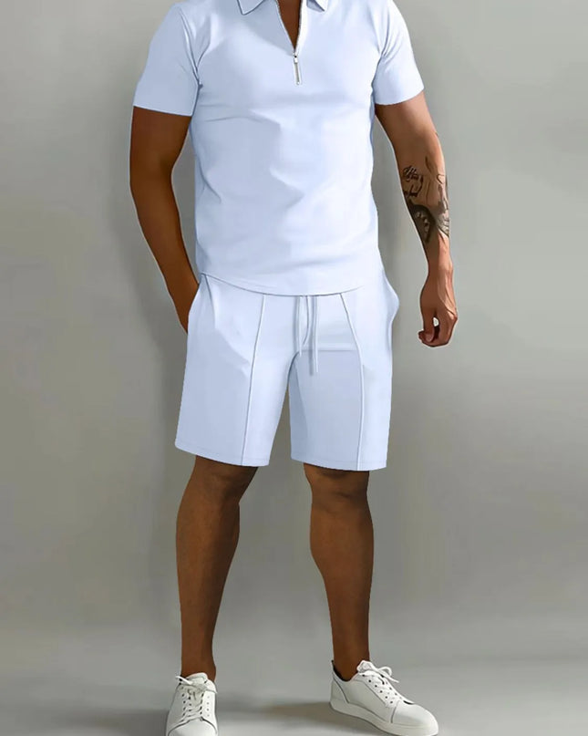 Men's Full Size Collared Neck Short Sleeve Top and Shorts Set Plus Size White