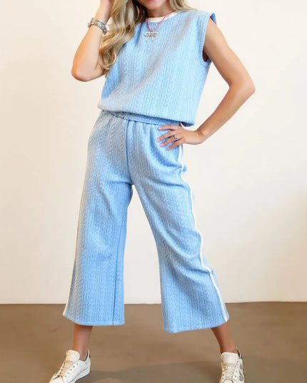 Oh Full Size Texture Contrast Trim Round Neck Top and Pants Set