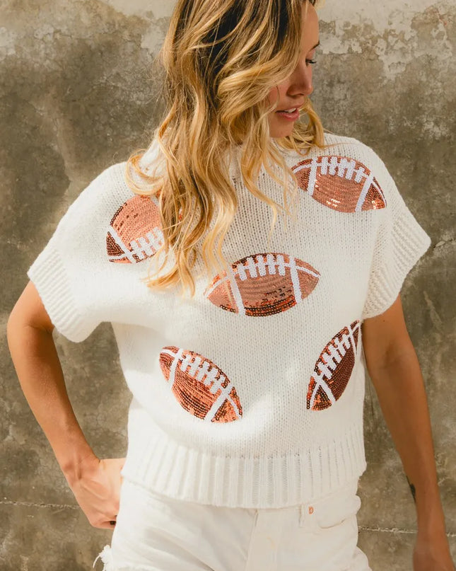 BiBi Gameday Sequin Football Patches Rib Banded Sweater