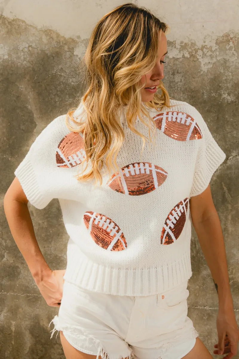 BiBi Gameday Sequin Football Patches Rib Banded Sweater