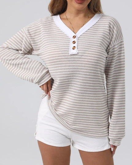 Striped Button Detail Long Sleeve Top